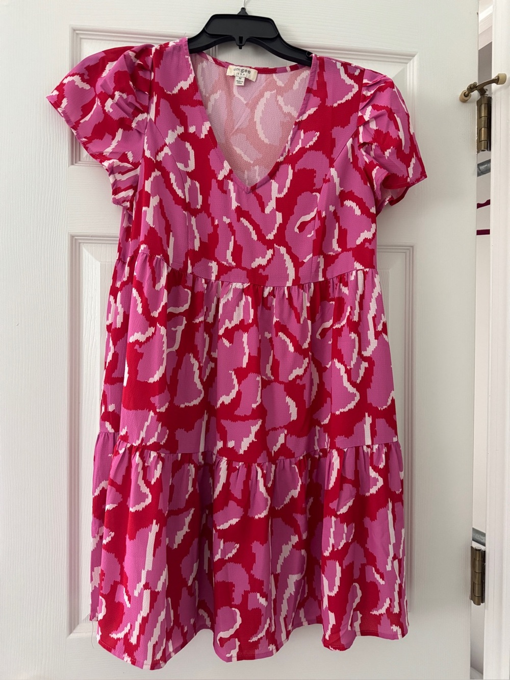 Umgee Pink & Red Abstract Tiered V-Neck Dress